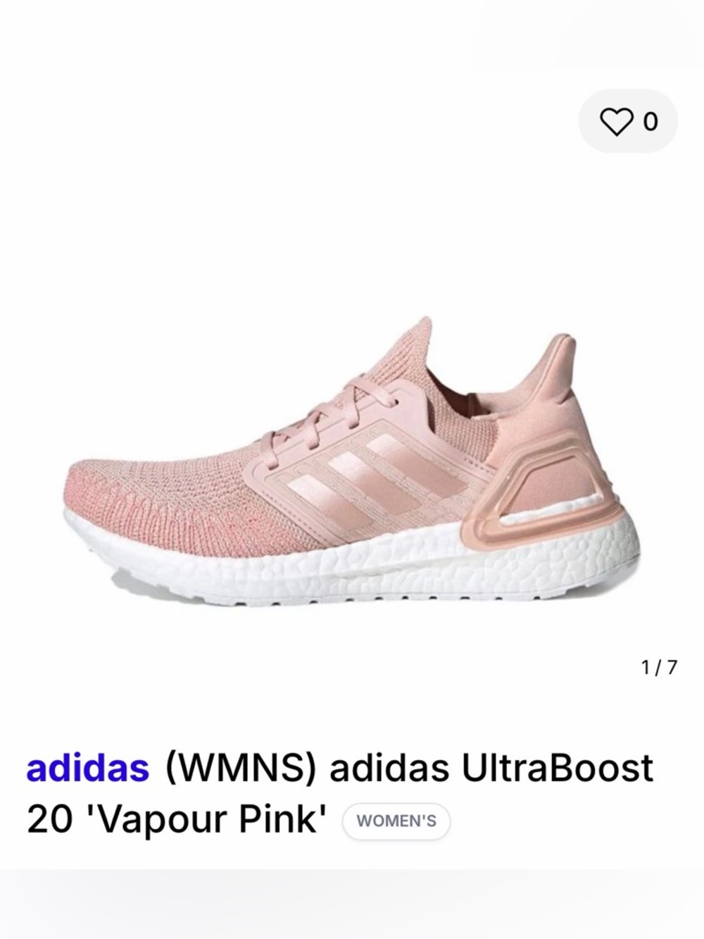 Adidas Ultraboost 20. Vapor Pink. Size 8. Like New.